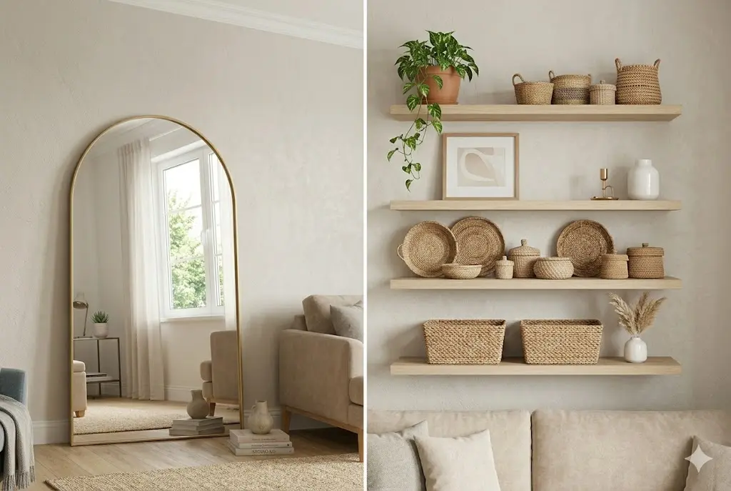 small living room storage ideas floating shelves woven baskets