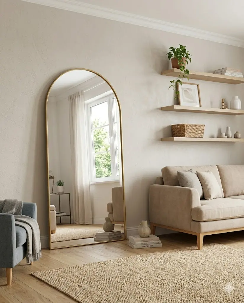  arch mirror leaning against wall small living room natural light