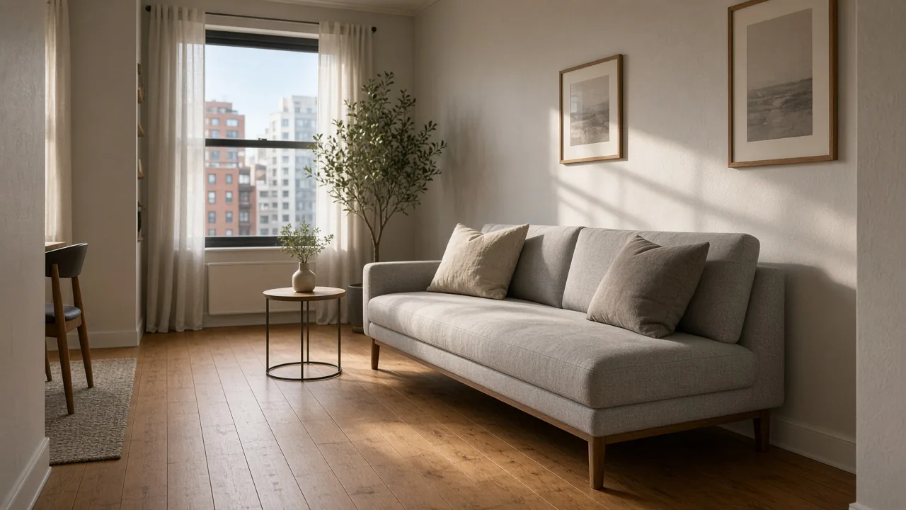 Slim gray apartment-depth sofa on tapered legs in a bright city apartment living room