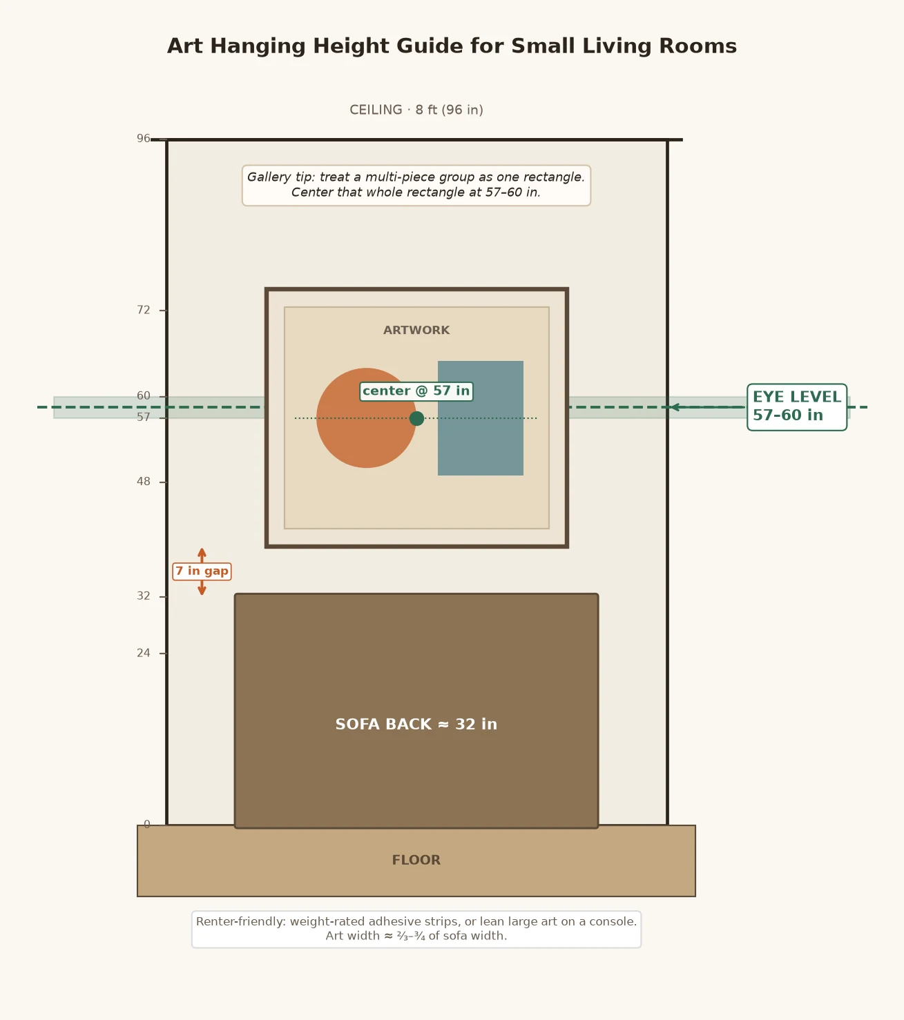 Diagram of correct art hanging height showing artwork center at 57 to 60 inches from the floor and a 6 to 8 inch gap above the sofa back