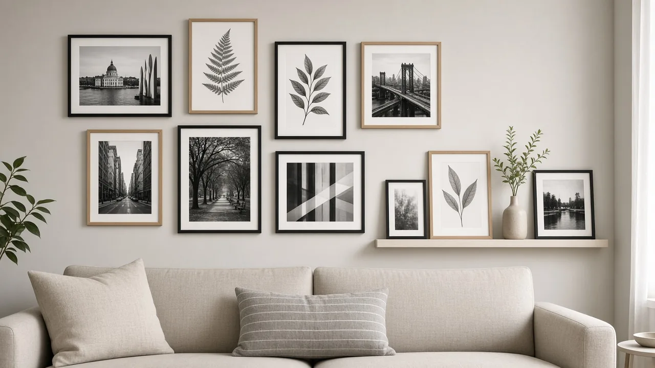 Gallery wall and picture ledge styled above a sofa in a small living room