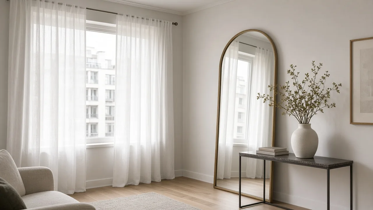 Small living room with floor-length curtains hung high and wide plus a tall arched floor mirror