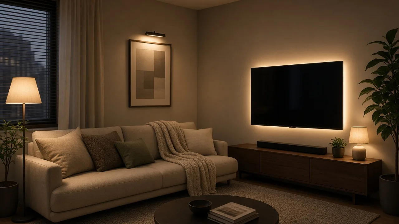 Evening small living room with layered lighting including a floor lamp, table lamp, picture light over art, and soft TV backlight