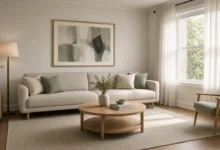 Bright small living room with an oatmeal sofa, round oak coffee table, large abstract art above the sofa, sage pillows, sheer curtains, and an accent chair