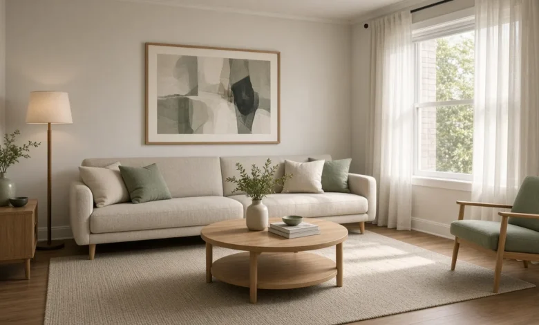 Bright small living room with an oatmeal sofa, round oak coffee table, large abstract art above the sofa, sage pillows, sheer curtains, and an accent chair