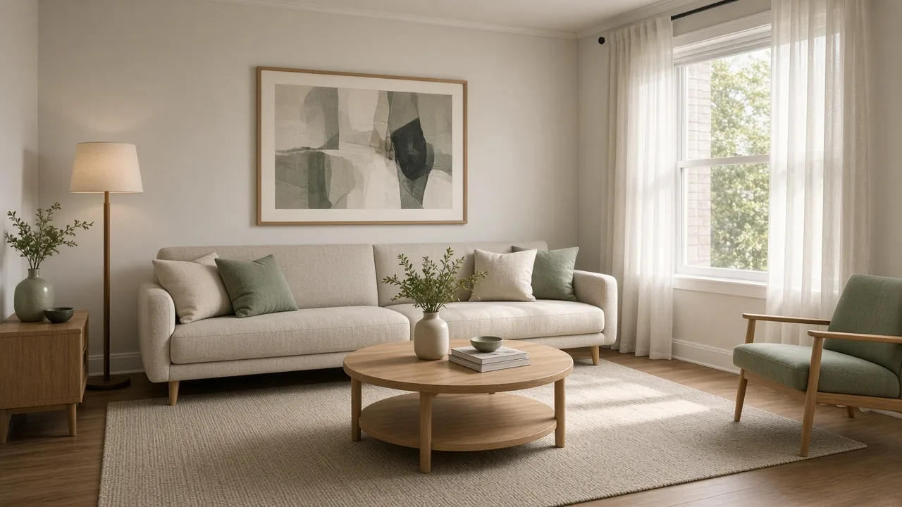 Bright small living room with an oatmeal sofa, round oak coffee table, large abstract art above the sofa, sage pillows, sheer curtains, and an accent chair