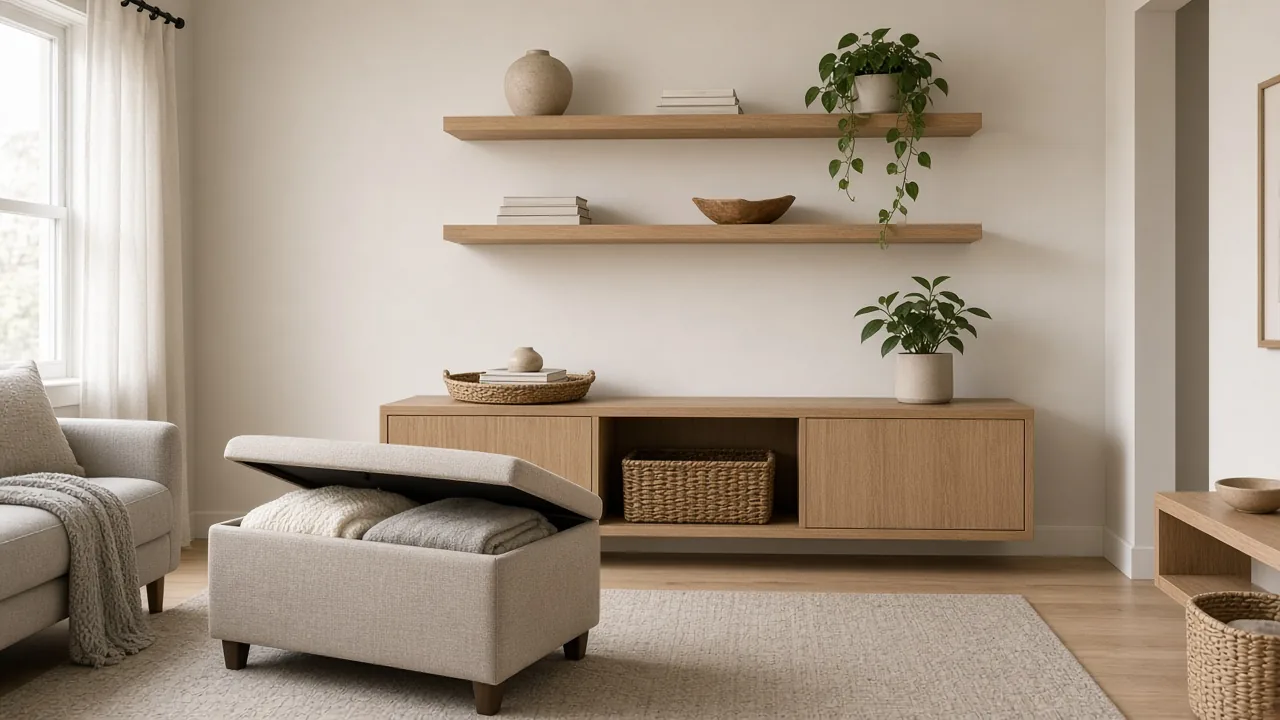 Open storage ottoman, floating shelves, and a floating media console in a small living room